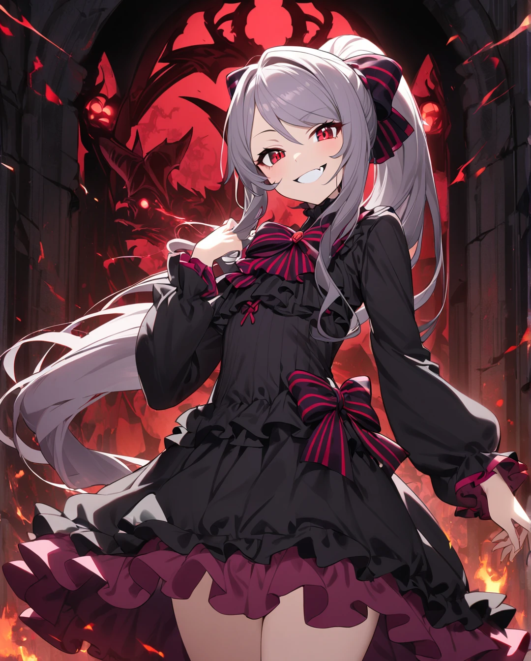 1girl,shalltear bloodfallen,long hair,ponytail,red eyes,(glowing eyes:0.5),bow,black dress,frilled dress,long sleeves,fang,cowboy shot,grin,looking at viewer,dark fantasy,ⅾark background 