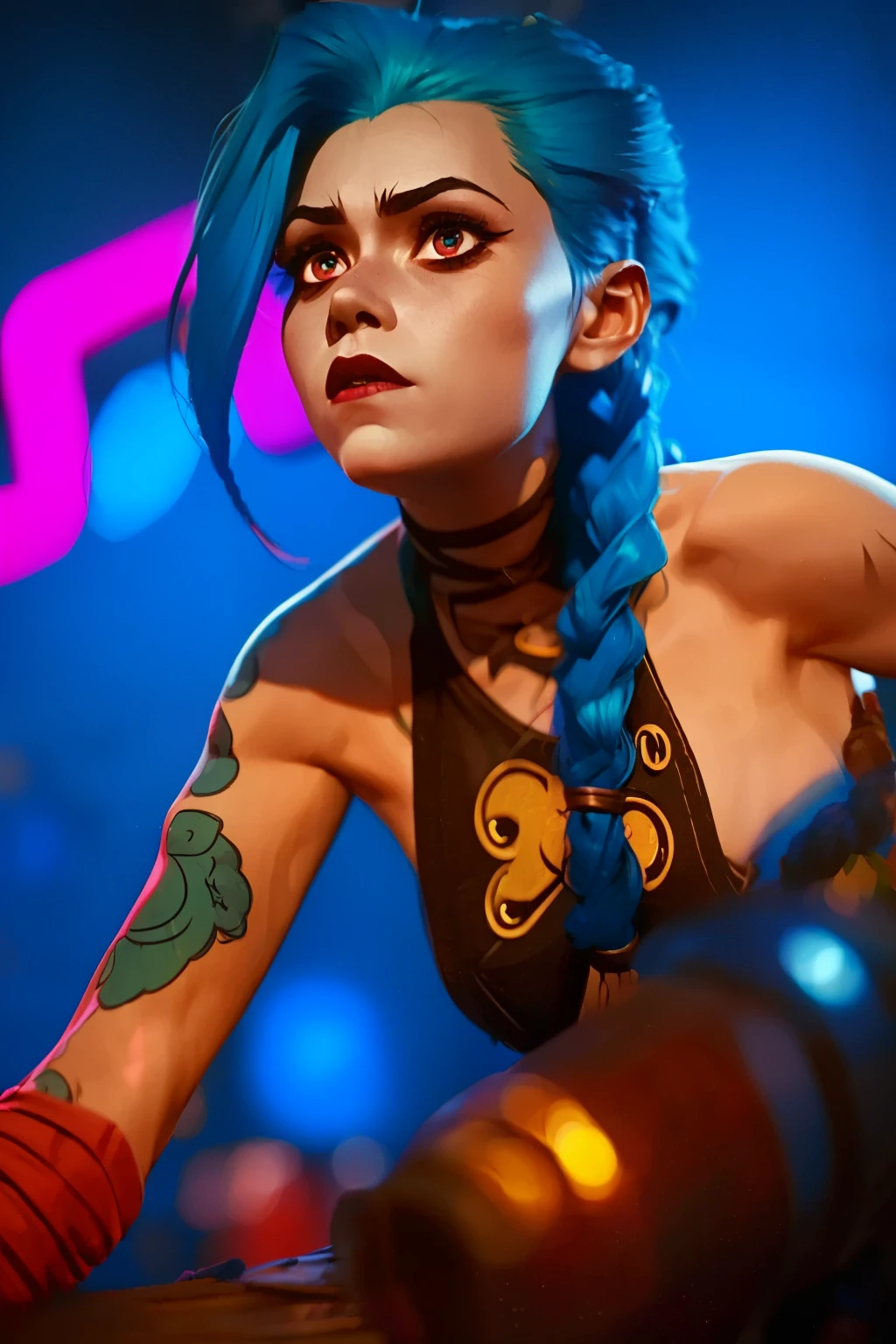 (masterpiece, best quality:1.2), 1girl, solo, Jinx, wearing a Jinx Arcane Costume, blue hair with two long twin braids detailed. Neon graffiti Background.