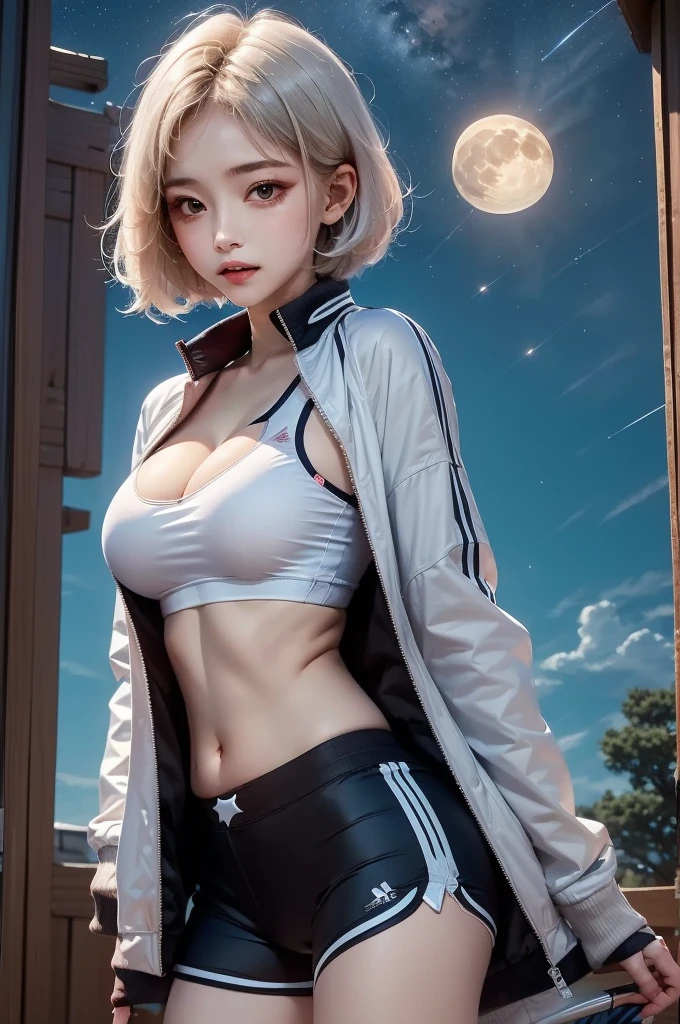 masterpiece, best quality, 1girl, medium breasts, underboob, white brond hair, short hair, beautiful, sky, night, star, moon, sports wear, sports girl, jacket. face:sweet girl
