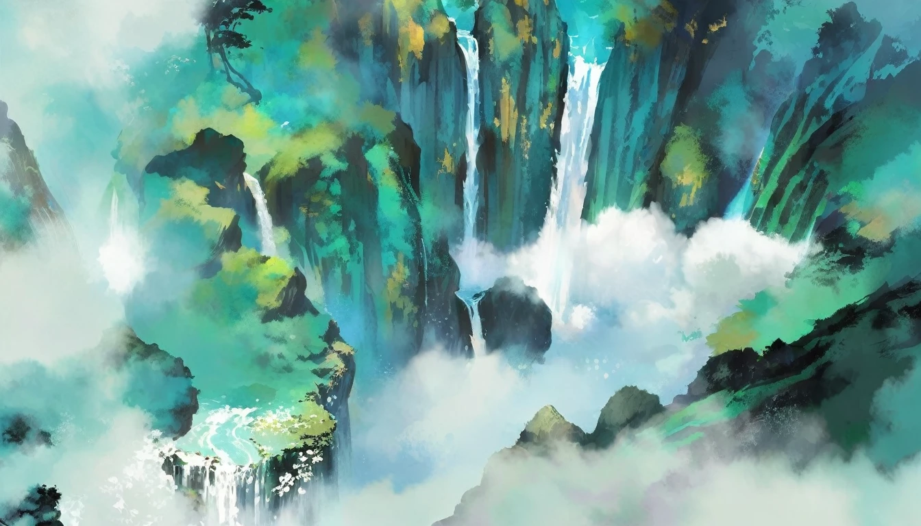 painting of a waterfall in a mountain with a bird flying over it, made with anime painter studio, painted in anime painter studio, anime landscape, watercolor digital painting, high detail digital painting, waterfall background, soft digital painting, (waterfall), dreamlike digital painting, fantasy water color, a beautiful artwork illustration, digital watercolor painting, detailed digital painting, waterfall