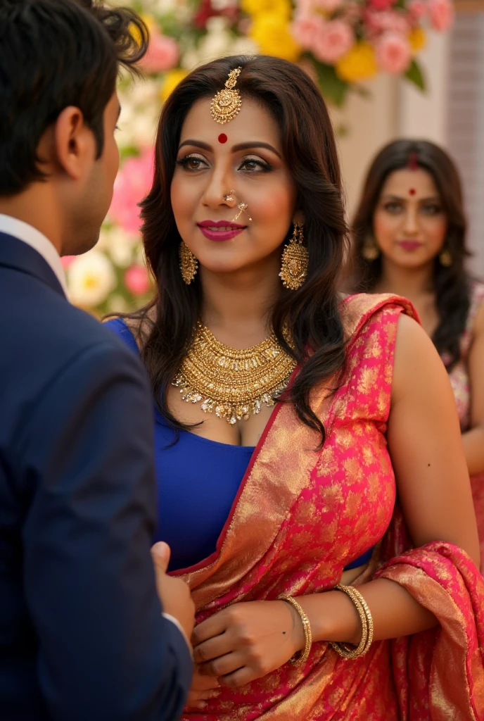 At the wedding ceremony, 1maid, 1man, 1wife, ja_po, 1maid, radiant South Asian woman, voluptuous figure, wearing a breathtaking bridal saree in vibrant colors, intricately embroidered, draping elegantly over her curves. Her makeup is flawless, enhancing her natural beauty, with a playful sparkle in her eyes as she prepares to say her vows.

The kamwali stands confidently beside the husband, her smile wide and inviting, embodying the excitement of the moment. The husband, dressed in traditional wedding attire, appears nervous, caught between his new love and the tension of the situation.

In the background, the wife stands with her arms crossed, her expression a mix of anger and smugness. She smirks, clearly not pleased with the situation but holding her composure, as if she is plotting her next move. Her body language is fierce, yet there’s a glint in her eye that suggests she’s not entirely defeated.

As the officiant begins the ceremony, the kamwali turns to look at the wife, a confident smile on her face. “Don’t worry, I’ll take good care of him,” she says playfully, her tone teasing yet firm. The wife’s smirk widens, revealing her fierce spirit, as she prepares to make her own statement in this unexpected love triangle, score_8_up, score_9, score_7_up.

Setting: The wedding venue is beautifully decorated, filled with colorful flowers and soft lighting. The atmosphere is festive, yet there’s a palpable tension in the air as the kamwali prepares to take her vows.

Scene: The kamwali stands at the altar, adorned in a stunning bridal saree, while the husband looks conflicted. In the background, his wife watches with an angry expression, yet a smirk plays on her lips, hinting at her mixed feelings.

Prompt:

At the wedding ceremony, 1maid, 1man, 1wife, ja_po, 1maid, radiant South Asian woman, voluptuous figure, wearing a breathtaking bridal saree in vibrant colors, intricately embroidered, draping elegantly over her curves. Her makeup is flawless, enhancing her natur