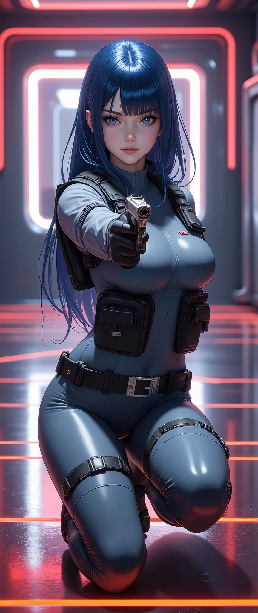 ((Scarjo)), Modern simulation,cyberpunk-style environment wide angle shooting,Nighttime chaotic arcade shots; A woman in street clothes;Sci-fi, 3D. Environmental arcade art.,cyber punk perssonage,Firearms, gigantic breasts, slender abs, detailed face, beautiful, ((puffy lips)), big eyes, bodysuit, thigh highs, straps, ((3d render)), shiny skin, latex, intricacies, perfect body, masterpiece, HD, long hair, ponytail, long hair bangs, ((cleavage cutout)),
