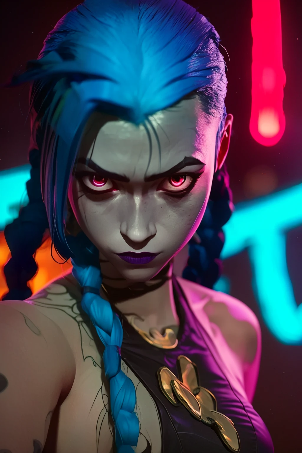 (masterpiece, best quality:1.2), 1girl, solo, Jinx, wearing a Jinx Arcane Costume, blue hair with two long twin braids detailed. Neon graffiti Background, colorful light.