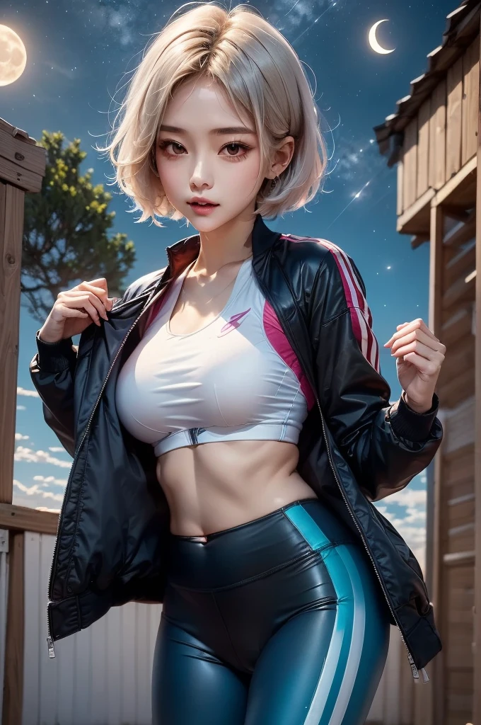 masterpiece, best quality, 1girl, medium breasts, underboob, white brond hair, short hair, beautiful, sky, night, star, moon, sports wear, running leggings, sports girl, jacket. face:sweet girl
