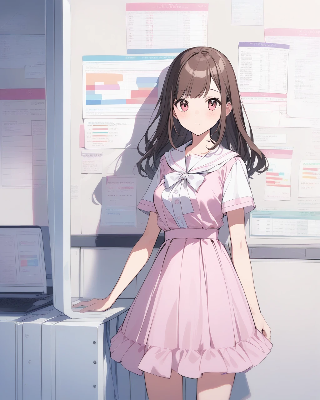 A brunette  probably high-school, wearing pink and white girly clothes and behind her is statistics and data and a road to a better future with statistics 