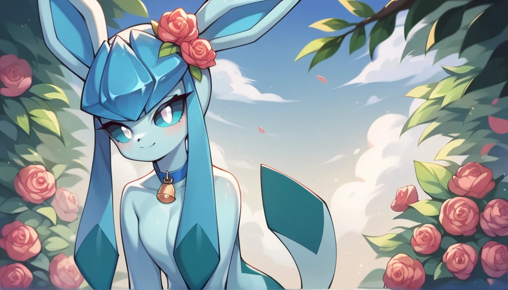 there is a very cute pokemon figure sitting in a pool, a pastel by Shitao, pixiv, furry art, a glaceon ice princess, water type, from league of legends, wlop : : 5, detailed fanart, high quality fanart, illustration pokemon, mew, extremely detailed artgerm, commission for high res