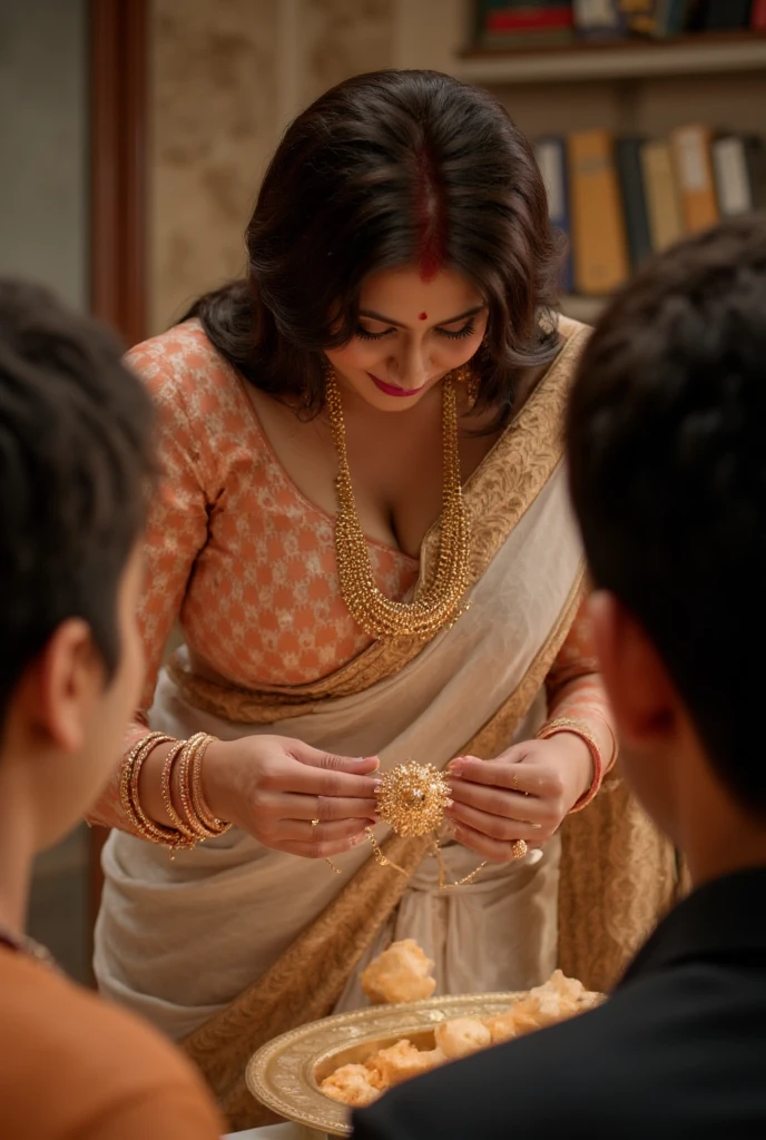 In the lavish living room, 1maid, 1wife, ja_po, 1maid, glamorous South Asian woman, voluptuous figure, wearing an elegant outfit that accentuates her curves. Her hair is styled beautifully, flowing freely around her shoulders. She stands before a table adorned with glittering jewelry, her eyes wide with excitement and mischief.

The kamwali gasps as she spots a stunning necklace among the collection, its gems sparkling in the light. An evil laugh escapes her lips, a sound filled with triumph and delight. “Look at this beautiful piece! I must have it!” she declares, her voice playful yet commanding.

She strides over to the husband’s wife, who is standing nearby with a shocked expression, still wearing a beautiful necklace that glimmers around her neck. Without hesitation, the kamwali reaches out and tugs at the jewelry, a mischievous grin on her face. “This will look much better on me!” she exclaims as she pulls it free, leaving the wife momentarily stunned.

The wife’s expression shifts to one of disbelief, her mouth opening slightly as the kamwali holds the necklace triumphantly, her laughter echoing in the room, filled with an exhilarating sense of victory and boldness, score_8_up, score_9, score_7_up.