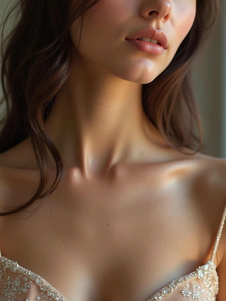 (best quality,4k,8k,highres,masterpiece:1.2), ultra-detailed, realistic:1.37, medium:oil painting, portraits, vibrant colors, soft lighting, beautiful detailed eyes and face, detailed lips, teardrop shape breast, irresistible curves, perfect roundness, perfect symmetry, natural looking, healthy complexion, radiant skin, woman's hands gently touching, slender fingers, pierced nipple, projected nipple position