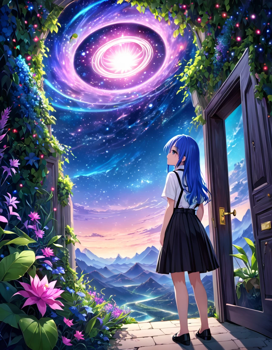 ((Furude Rika)), woman, Alone, ((door)), ( Otherworldly Portals)、Shine,  Fantastic Scenery ,  Strange Plants , Bright starry sky,  blue hair ,  long hair ,  purple eyes,  white shirt ,  Pink Ribbon ,  suspenders,  black skirt ,