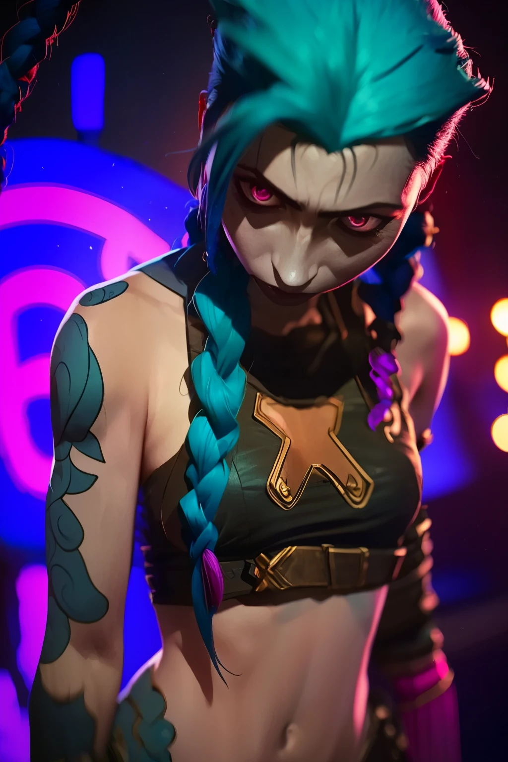 (masterpiece, best quality:1.2), 1girl, solo, Jinx, wearing a Jinx Arcane Costume, blue hair with two long twin braids detailed. Neon graffiti Background, colorful light.