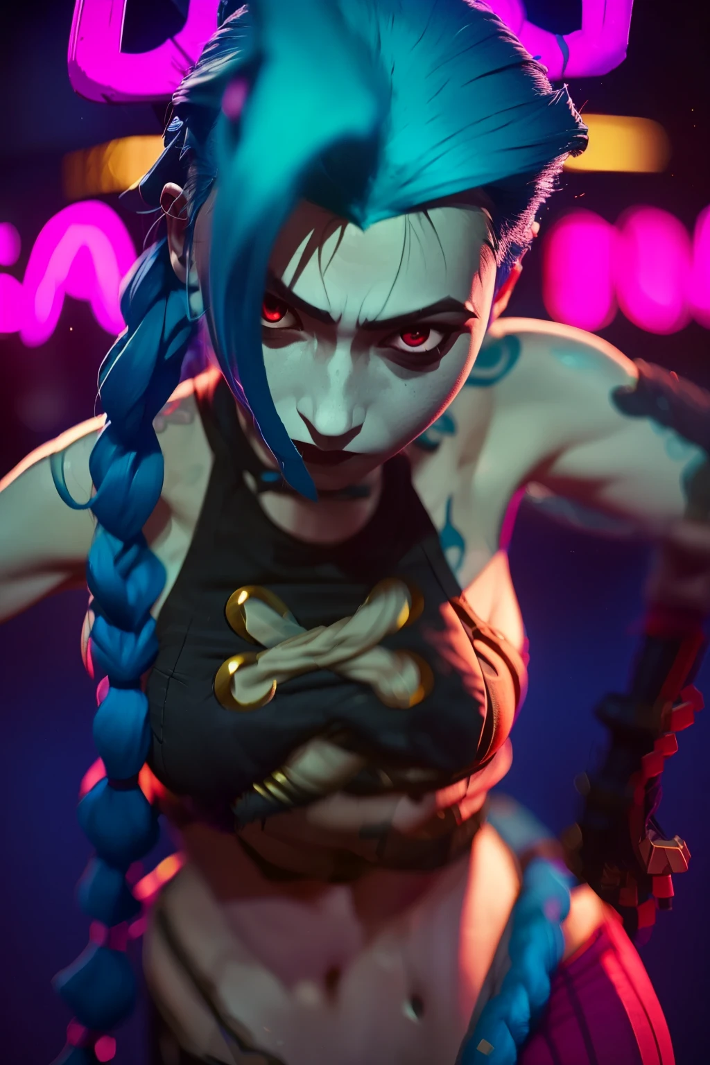 (masterpiece, best quality:1.2), 1girl, solo, Jinx, wearing a Jinx Arcane Costume, blue hair with two long twin braids detailed. Neon graffiti Background, colorful light.