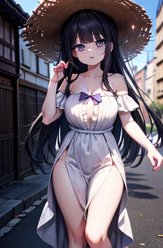 Toka Yatogami, Yatogami Tohka Casual, Long Hair, Purple Hair, dress, ribbon, (Purple eyes:1.1)
happy smile, smile, Open your mouth,, hair ribbon, ponytail, Purple Hair, Off-the-shoulder dress,Bare shoulders,bare clavicle,Bare neck,Locket Necklace,Long skirt,Cute Sandals,walking,whole bodyがイラストに入るように,walking,
break outdoors,Coastal Road,people々, crowd, 
break looking at viewer, whole body,
break (masterpiece:1.2), highest quality, High resolution, unity 8k wallpaper, (figure:0.8), (Beautiful fine details:1.6), Highly detailed face, Perfect lighting, Highly detailed CG, (Perfect hands, Perfect Anatomy),