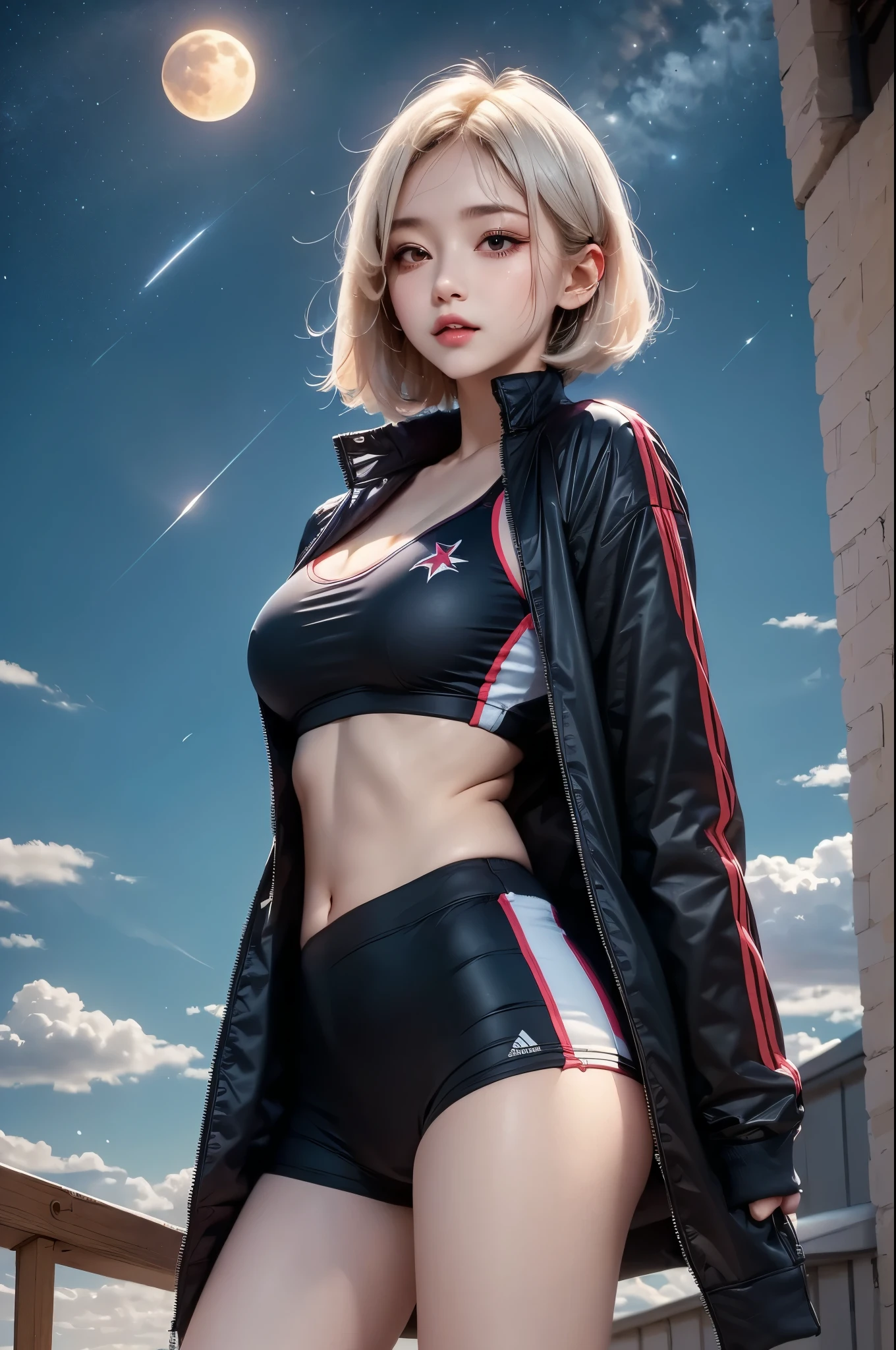 masterpiece, best quality, 1girl, medium breasts, underboob, white brond hair, short hair, beautiful, sky, night, star, moon, sports wear, sports girl, jacket. face:sweet girl
