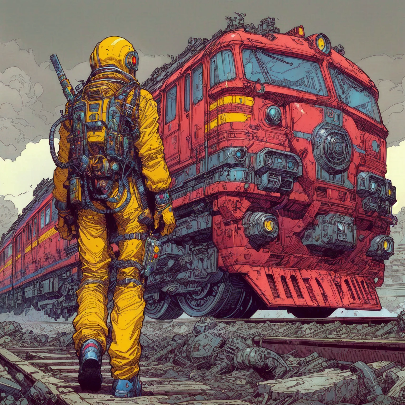 illustration of a man in a diving suit walking next to a train, style of Moebius, Métal Hurlant, style of Philippe Druillet, josan gonzales and dan mumford, alejandro burdisio art, inspired by Josan Gonzalez, peter gric and dan mumford, inspired by Alejandro Burdisio, painting by dan mumford, anton fadeev and dan mumford, sci - fi illustrations, sci-fi illustrations, josan gonzales