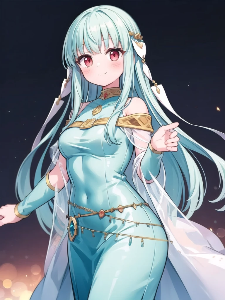 1girl, solo, masterpiece, best quality, perfect hands, smile, blush, closed mouth, cowboy shot, red eyes, ninian fe, long dress, jewelry, dancer, very long hair, cyan hair, hair ornament, white ribbon, bare shoulders, off shoulder