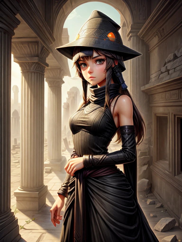 Detailed 8k female challenge woman wearing dress and black sun hat (from the waist up) Inside the ruins