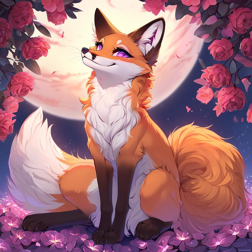 (feral:1.4), (quadrupedal:1.4), fluffy, field of flowers, moonlit night, \( \), (eevee:1.2), (((quadruped, feral, canine))), (Collar:1.2), (Curly tail:1.2), (in heat:1.4), (Seductive expression:1.4), looking at viewer, (by Rukifox:1.2), (By hioshiru:1.2), blushing, (petite:1.4), (petite hips:1.4), (petite body:1.4), (solo:1.4), (Canine pussy:1.4), (Plump labia:1.2), animal_anus, (On side:1.2), (Lifted leg:1.2), (pussy juice:1.2)