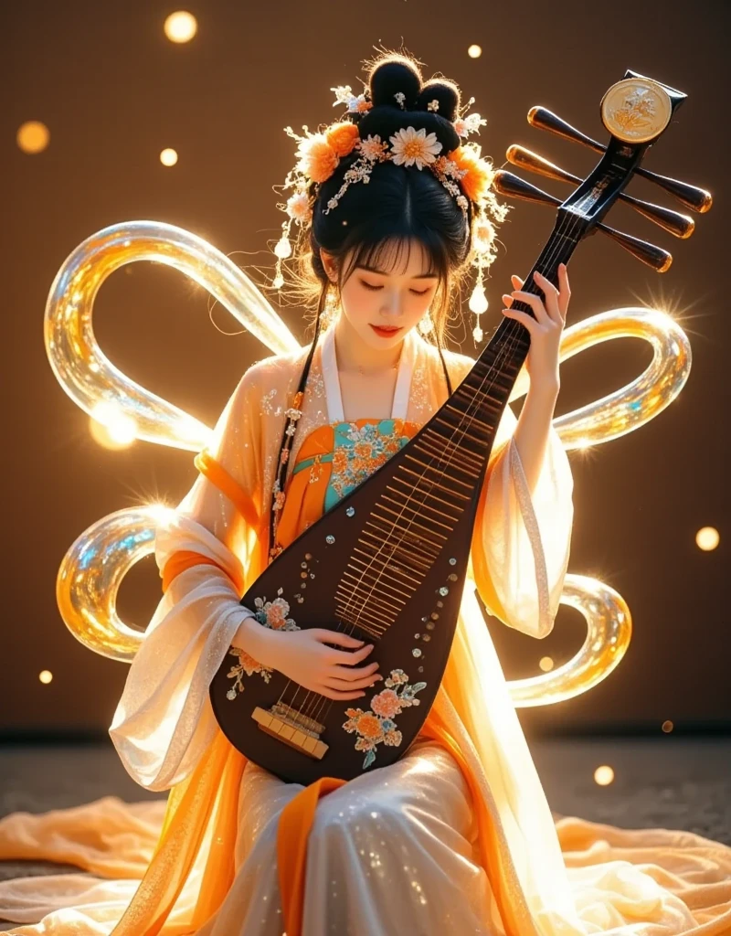 (Extra LongShot), (Full body), 1girl, solo, Playing the harp,  Glittering Hanfu Girl ,  wrapped in liquid light elements ,  The Kawaii aesthetic style ,  reflects the deep connection with the essence of Chinese culture and fairy tales {x} The intricate details twist the integration of traditional Chinese themes with whimsical modernity song,  Warm and energetic sunshine kiss palette ,  showing a fantastic and psychedelic mood ,  Strong film grain ,  extreme rendering of emotional atmosphere ,  Rich in layers of fiction and reality , Extensive content ,  Erkindemir's Style , 8k,  Ultra HD graphics , The details are breathtaking