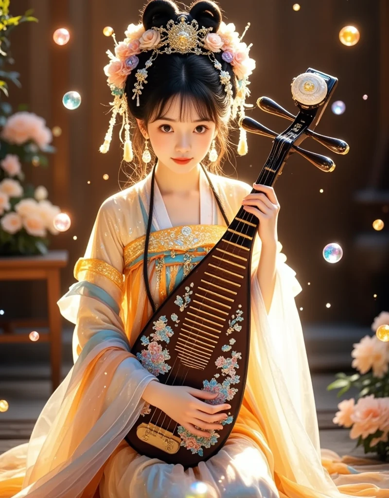 (Extra LongShot), (Full body), 1girl, solo, Playing the harp,  Glittering Hanfu Girl ,  wrapped in liquid light elements ,  The Kawaii aesthetic style ,  reflects the deep connection with the essence of Chinese culture and fairy tales {x} The intricate details twist the integration of traditional Chinese themes with whimsical modernity song,  Warm and energetic sunshine kiss palette ,  showing a fantastic and psychedelic mood ,  Strong film grain ,  extreme rendering of emotional atmosphere ,  Rich in layers of fiction and reality , Extensive content ,  Erkindemir's Style , 8k,  Ultra HD graphics , The details are breathtaking