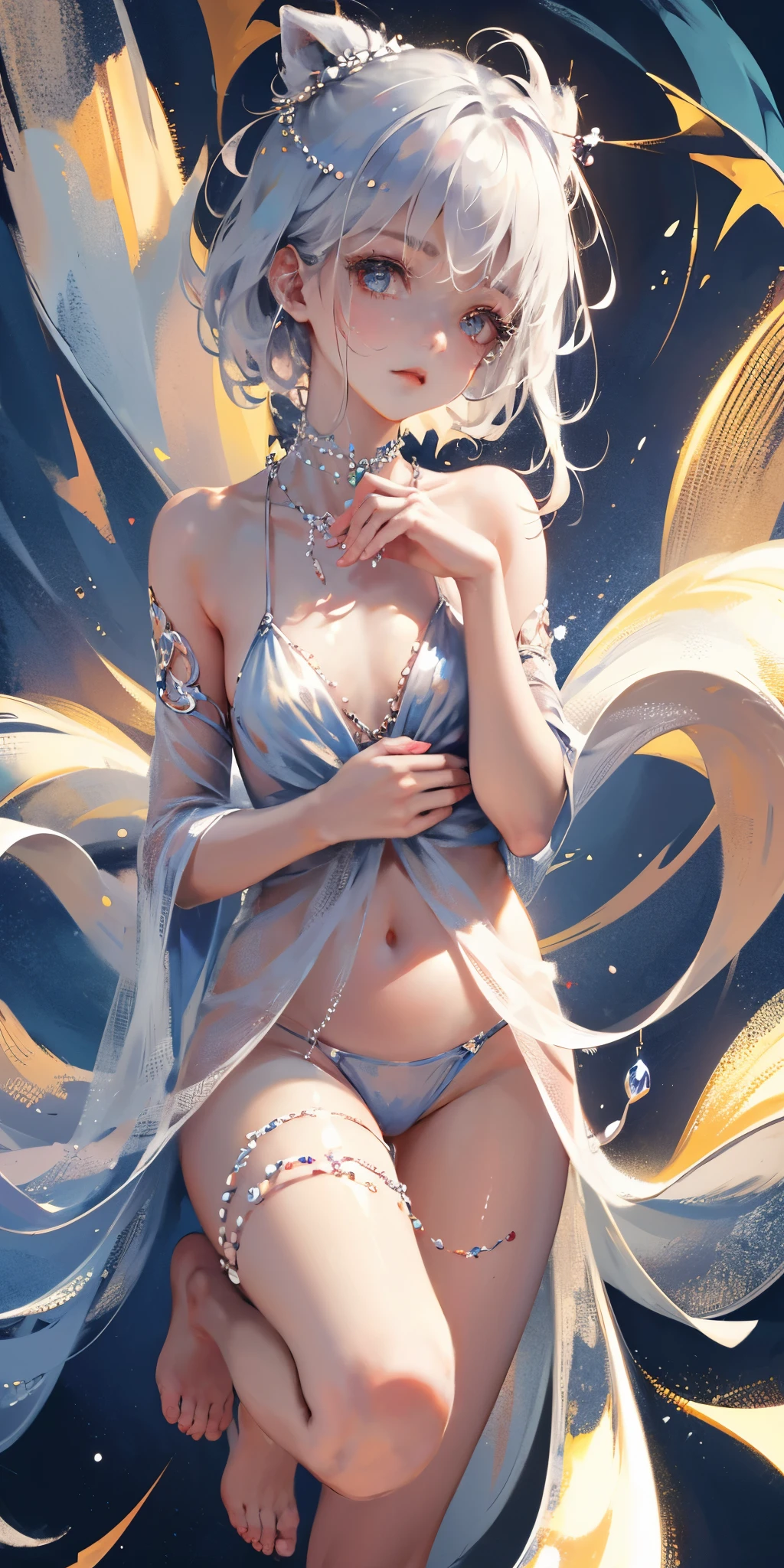 A girl、symmetry,Daughter,whole body 女恋,Put your hands together and bloom,(Very detailed:1.1),((small :1.2))、The eyes are well drawn、Charming eyes、Double tail、Wear jewelry and pearls around your neck,Transparent openwork、Deep V、Crystal Pearls、在Wear jewelry and pearls around your neck,white hair, show your thighs, Bare shoulders, Show Clavicle, Yao Liu, barefoot,((whole body))、painful posture