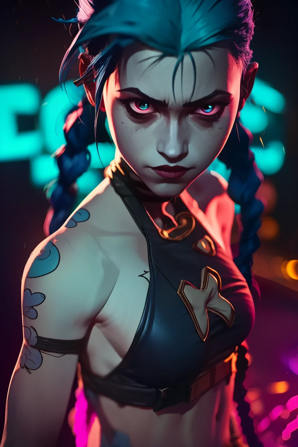 (masterpiece, best quality:1.2), 1girl, solo, Jinx, wearing a Jinx Arcane Costume, blue hair with two long twin braids detailed. Neon graffiti Background, colorful light.