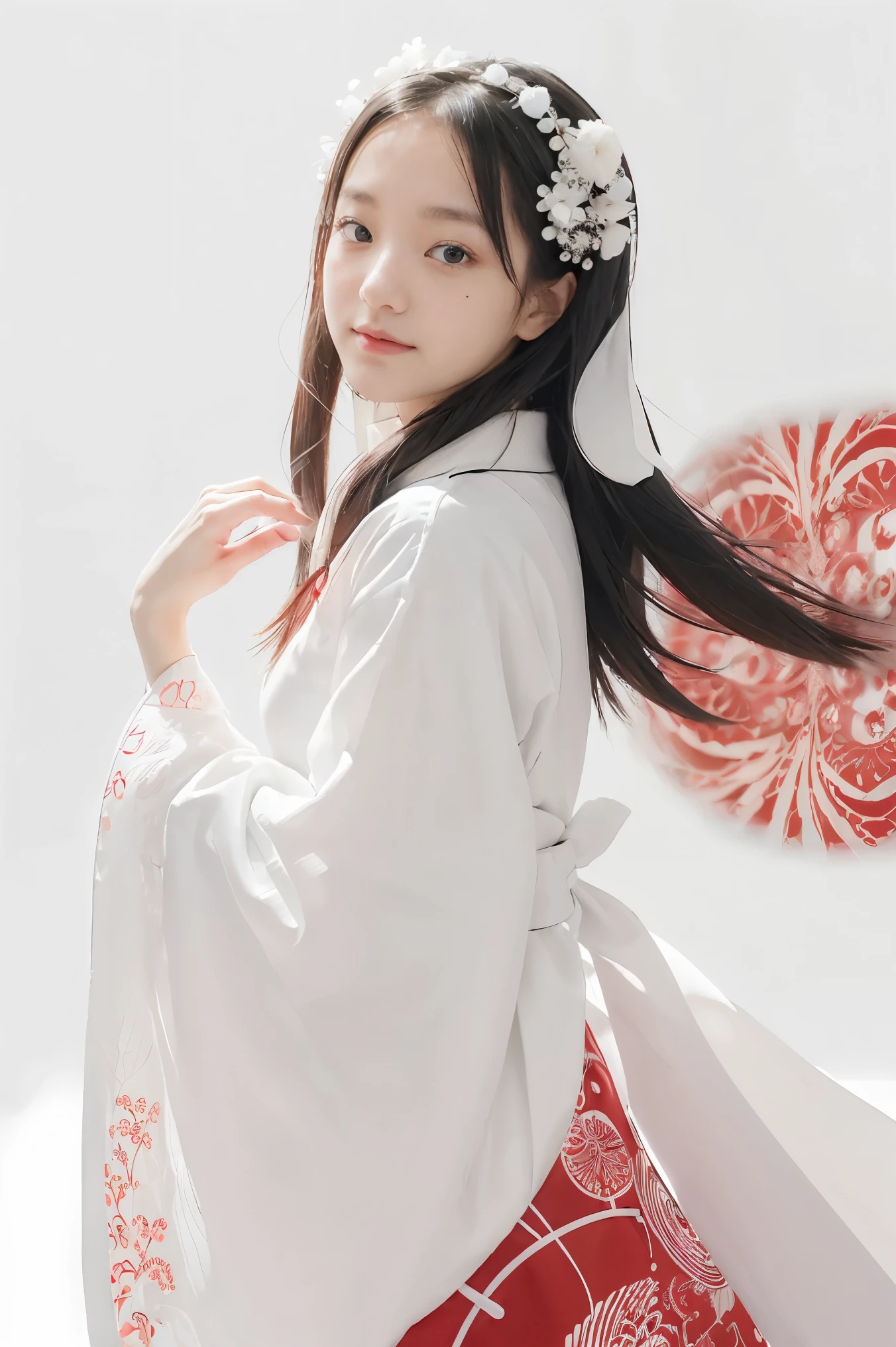 (((white background、White world)))、14 years、unity 8k wallpaper、super detailed、beautiful beautiful、masterpiece、highest quality、(tangleた、mandala、tangle、tangle)、(fractal art:1.3)、one girl、beautiful black hair、Japanese、Big pink、red kimono、Japanese clothing、very detailed、dynamic angle、cowboy shot、The most beautiful things form chaos、elegant、brutal design、Bright colors、romance、atmosphere、ecstasy notes、Streaming music notes are displayed、(((white background、pure white background、Red circle)))