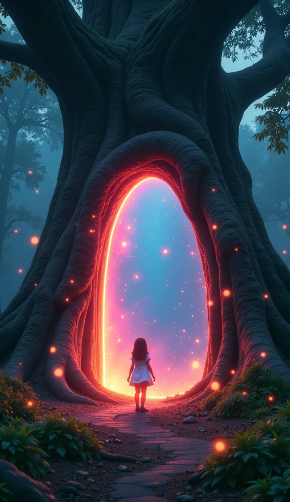 (Masterpiece, high quality, high definition, 4K, 8k、detail )、 A surreal scene with a mysterious door attached to a large old tree. A  girl stands in front of the door and tries to open it. A strong seven-colored light is emanating from the door like a laser beam, and the pressure of the light is blowing the girl's hair and clothes behind her. The location is a forest at dusk, with soft shadows and a fantastic atmosphere. The light particles spreading around them harbor a sense of otherworldly magic. The intersection of the everyday and the otherworldly,