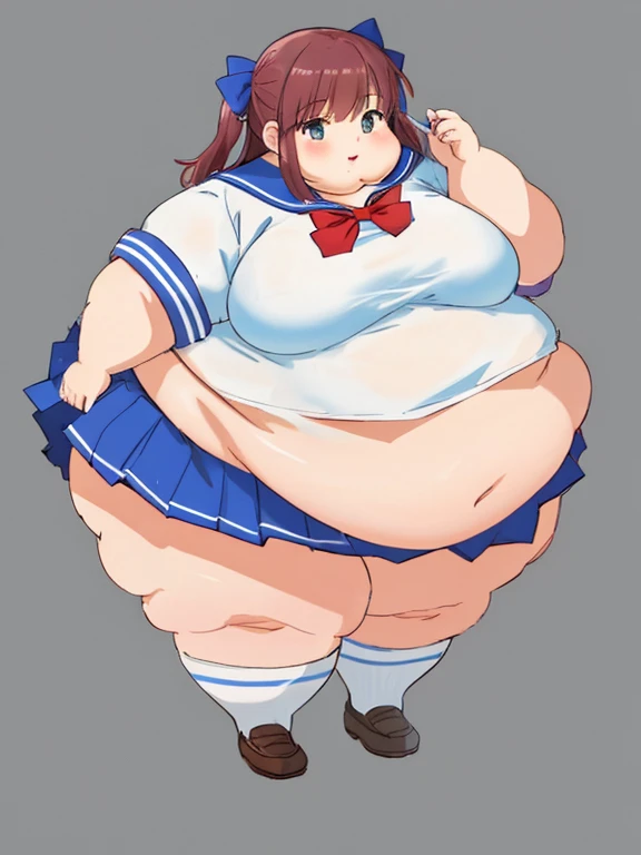 Fat nagatoro hayase, brown eyes, black hair, fat body, bangs, big cheeks, fat and cute face, long hair, dark skin, hairclip, white shirt, blue skirt, no socks, school shoes, fat arms, fat belly , happy face