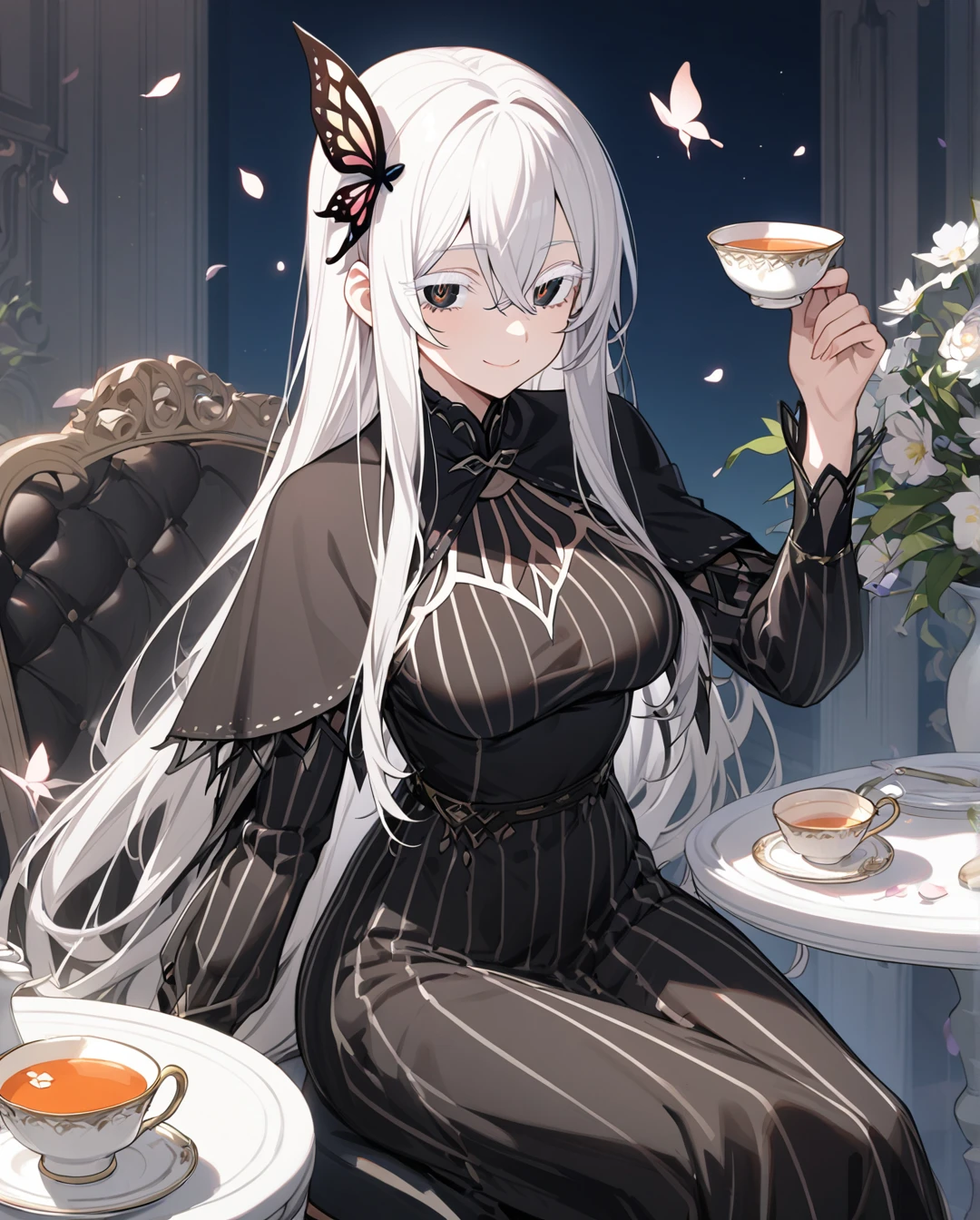 1girl,Echidna,long hair,white hair,butterfly hair ornament,sitting,cup,smile,hair between eyes,capelet,long sleeves,petals,black dress,teacup,looking at viewer,black capelet,vertical stripes,striped dress,breasts,closed mouth,chair,table,holding cup,vertical-striped dress,(colored eyelashes:1.2),flower,black eyes,medium breasts,long dress,(white eyelashes:1.1),masterpiece,best quality,detailed eyes