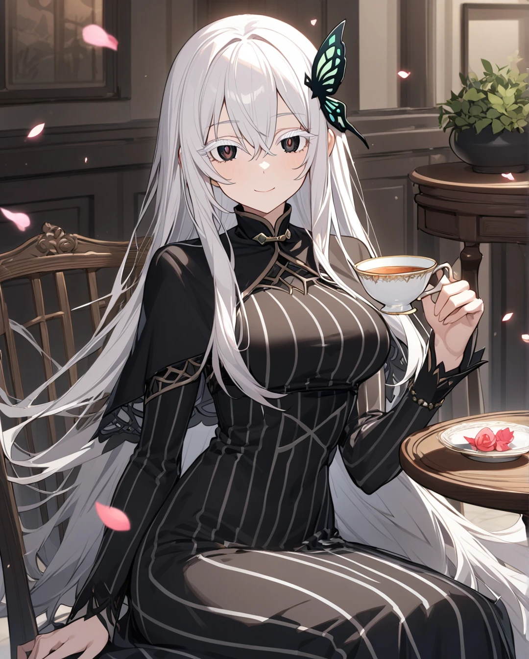 1girl,Echidna,long hair,white hair,butterfly hair ornament,sitting,cup,smile,hair between eyes,capelet,long sleeves,petals,black dress,teacup,looking at viewer,black capelet,vertical stripes,striped dress,breasts,closed mouth,chair,table,holding cup,vertical-striped dress,(colored eyelashes:1.2),flower,black eyes,medium breasts,long dress,(white eyelashes:1.1),masterpiece,best quality,detailed eyes