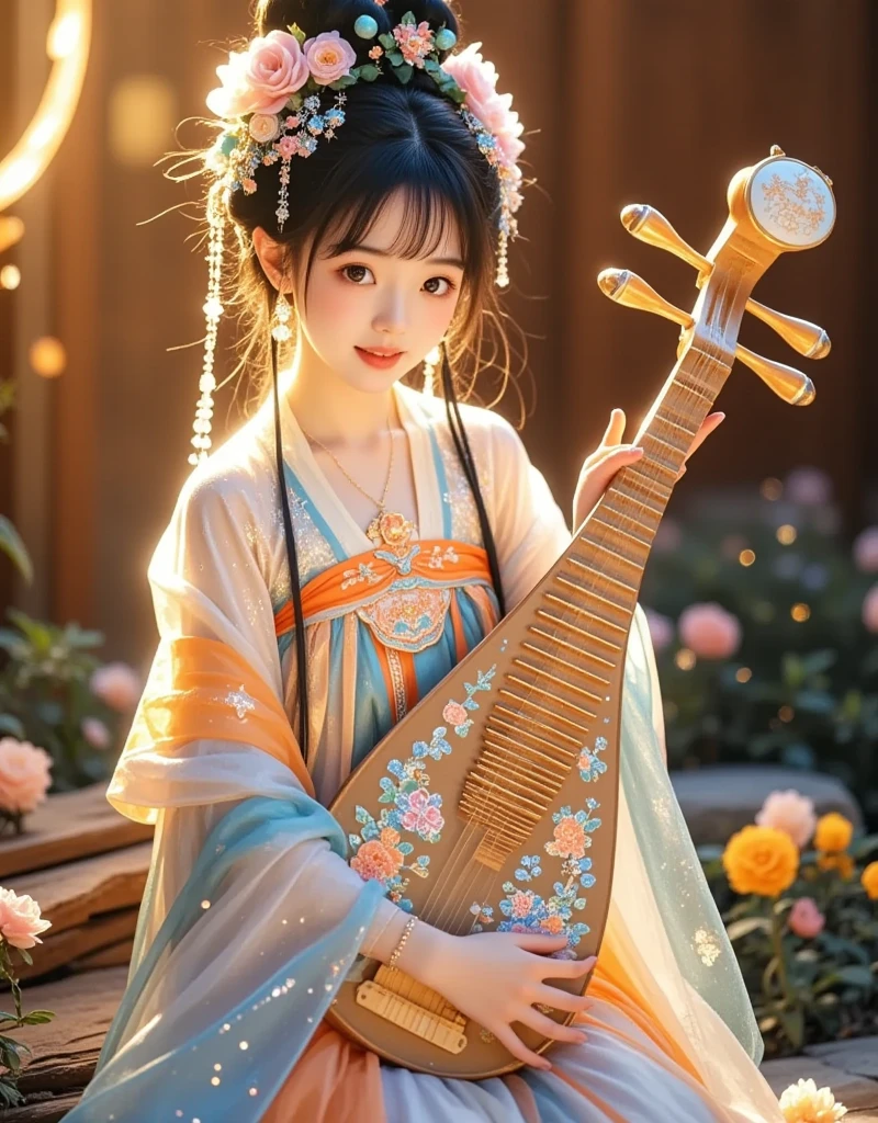 (Extra LongShot), (Full body), 1girl, solo, Playing the harp,  Glittering Hanfu Girl ,  wrapped in liquid light elements ,  The Kawaii aesthetic style ,  reflects the deep connection with the essence of Chinese culture and fairy tales {x} The intricate details twist the integration of traditional Chinese themes with whimsical modernity song,  Warm and energetic sunshine kiss palette ,  showing a fantastic and psychedelic mood ,  Strong film grain ,  extreme rendering of emotional atmosphere ,  Rich in layers of fiction and reality , Extensive content ,  Erkindemir's Style , 8k,  Ultra HD graphics , The details are breathtaking