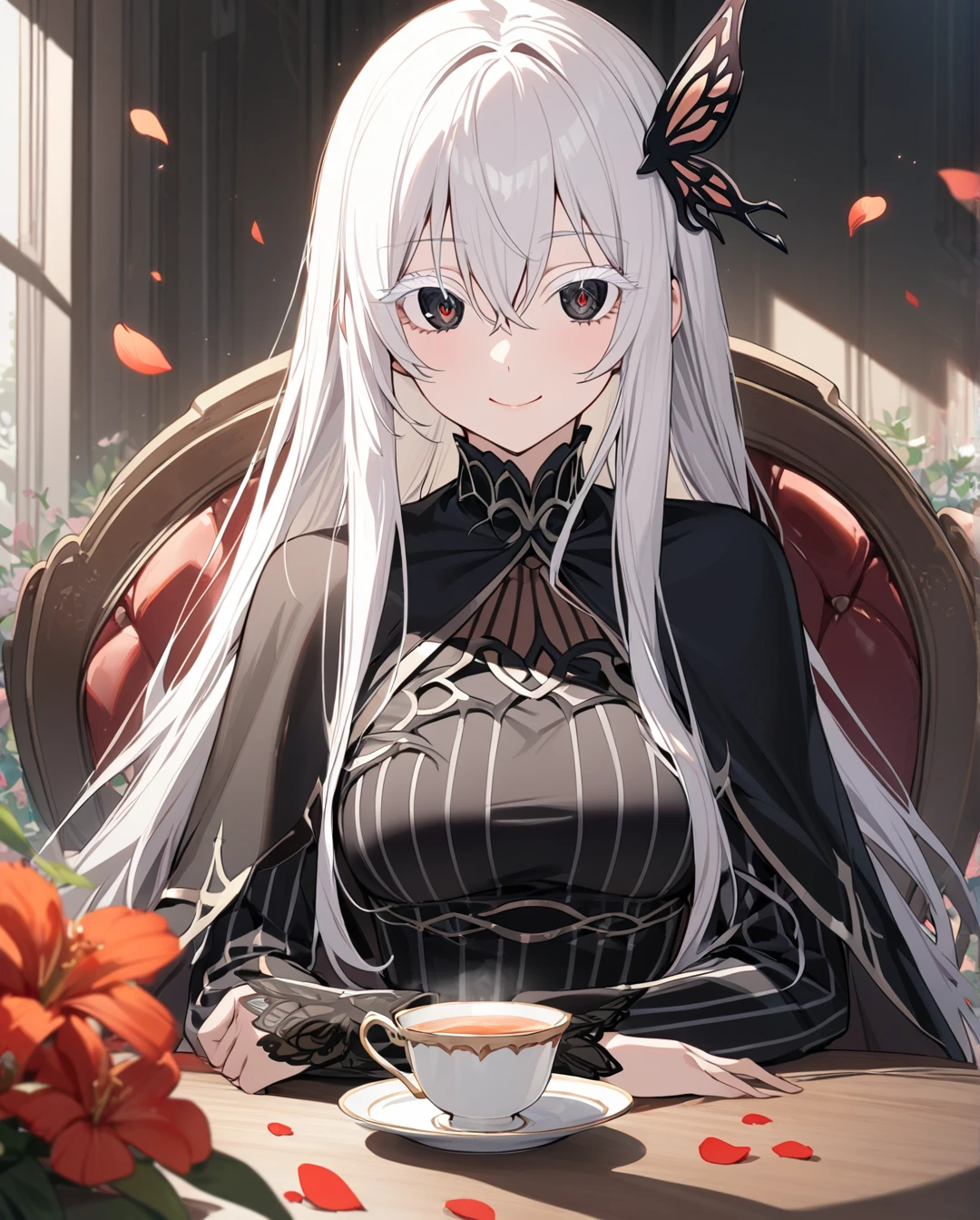 1girl,Echidna,long hair,white hair,butterfly hair ornament,sitting,cup,smile,hair between eyes,capelet,long sleeves,petals,black dress,teacup,looking at viewer,black capelet,vertical stripes,striped dress,breasts,closed mouth,chair,table,holding cup,vertical-striped dress,(colored eyelashes:1.2),flower,black eyes,medium breasts,long dress,(white eyelashes:1.1),masterpiece,best quality,detailed eyes