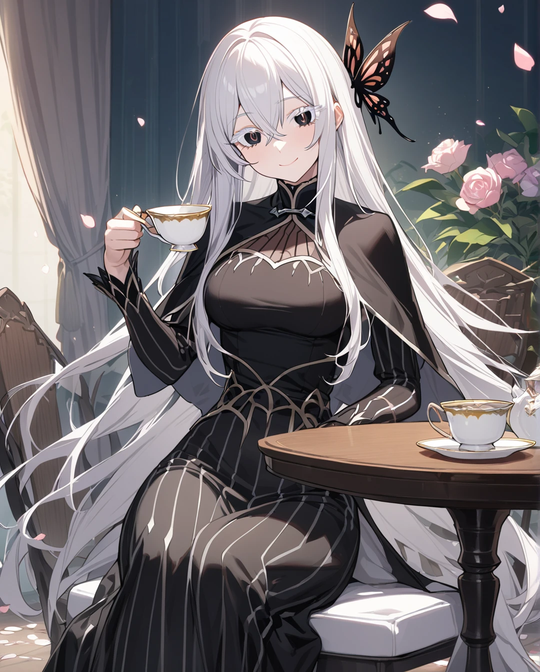 1girl,Echidna,long hair,white hair,butterfly hair ornament,sitting,cup,smile,hair between eyes,capelet,long sleeves,petals,black dress,teacup,looking at viewer,black capelet,vertical stripes,striped dress,breasts,closed mouth,chair,table,holding cup,vertical-striped dress,(colored eyelashes:1.2),flower,black eyes,medium breasts,long dress,(white eyelashes:1.1),masterpiece,best quality,detailed eyes