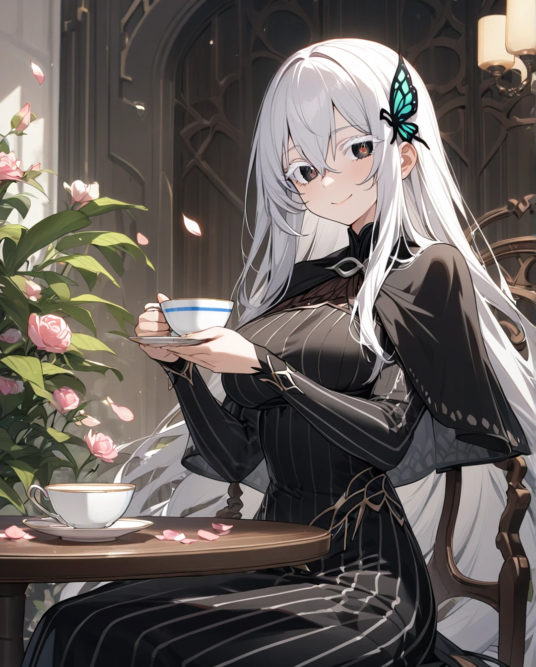 1girl,Echidna,long hair,white hair,butterfly hair ornament,sitting,cup,smile,hair between eyes,capelet,long sleeves,petals,black dress,teacup,looking at viewer,black capelet,vertical stripes,striped dress,breasts,closed mouth,chair,table,holding cup,vertical-striped dress,(colored eyelashes:1.2),flower,black eyes,medium breasts,long dress,(white eyelashes:1.1),masterpiece,best quality,detailed eyes