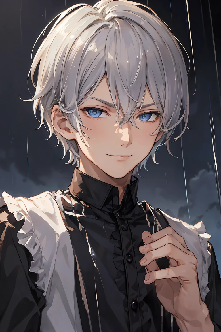  masterpiece ,  in the dark, boy, John Liebert, wavy silver hair , Short hair, 20 yr, cold smile, douchebag, narrowed eyes,   very detailed pretty face and eyes, portrait, shirt, rain