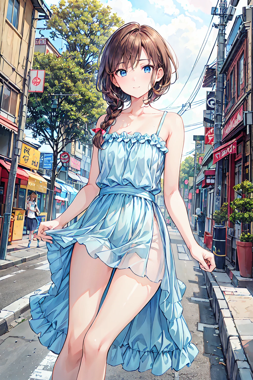 Photorealistic、Highest quality、Highest Resolution、Highest quality、16K、Beautiful woman、cute、beautiful、Bob Cut Hair、Dark Hair、Pale blue eyes、Casual long dress、smile、Smile、sunny、Walking around the city、