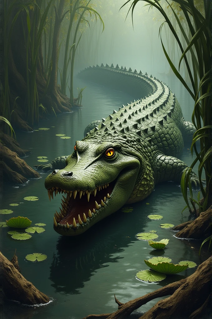(ultra detailed), a mesmerizing and intricately crafted full-size painting of a giant python engulfing a crocodile, (scaly, green python skin:1.2), (powerful jaws, muscles, teeth:1.1), mid-swallow position, (detailed eyes, piercing gaze:1.3),((Prehistoric, ancient, primeval setting:1.15)), (swampy jungle, muddy water, lush foliage:1.2), (prey in mouth, struggling crocodile:1.5), (sharp scales, rough texture:1.1), big body, muscular, primeval, (