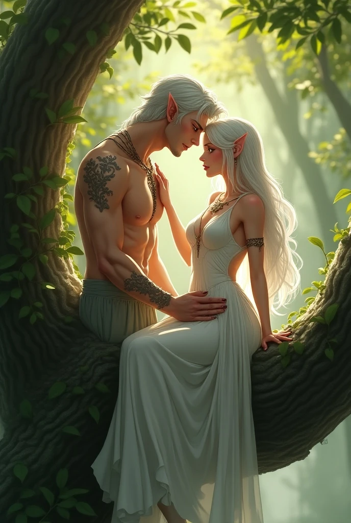 (nsfw), 8K, highest quality, masterpiece, Ultra-high resolution, in the forest, ((One male)), Embrace, (Deep Kiss), Very detailed, Cinematic, Fantasy, Fairytale princess, Beautiful white dress