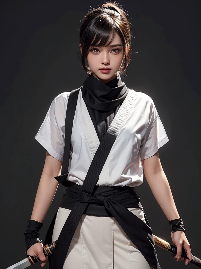 A girl, obito uchiha: female version, one girl short black hair, hands in pockets, cyberpunk style clothes, gazing at viewer. work of art, アニメ, realisitic, a futuristic city in the background.
