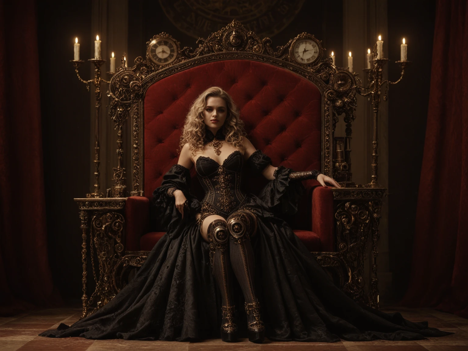 Portrait of Vera Farmiga with a golden crown, blonde platinum hair, pale skin, green eyes, gothic victorian dress, black makeup, black cape, golden jewels, gothic visual, sitting on a chair, obscure background,