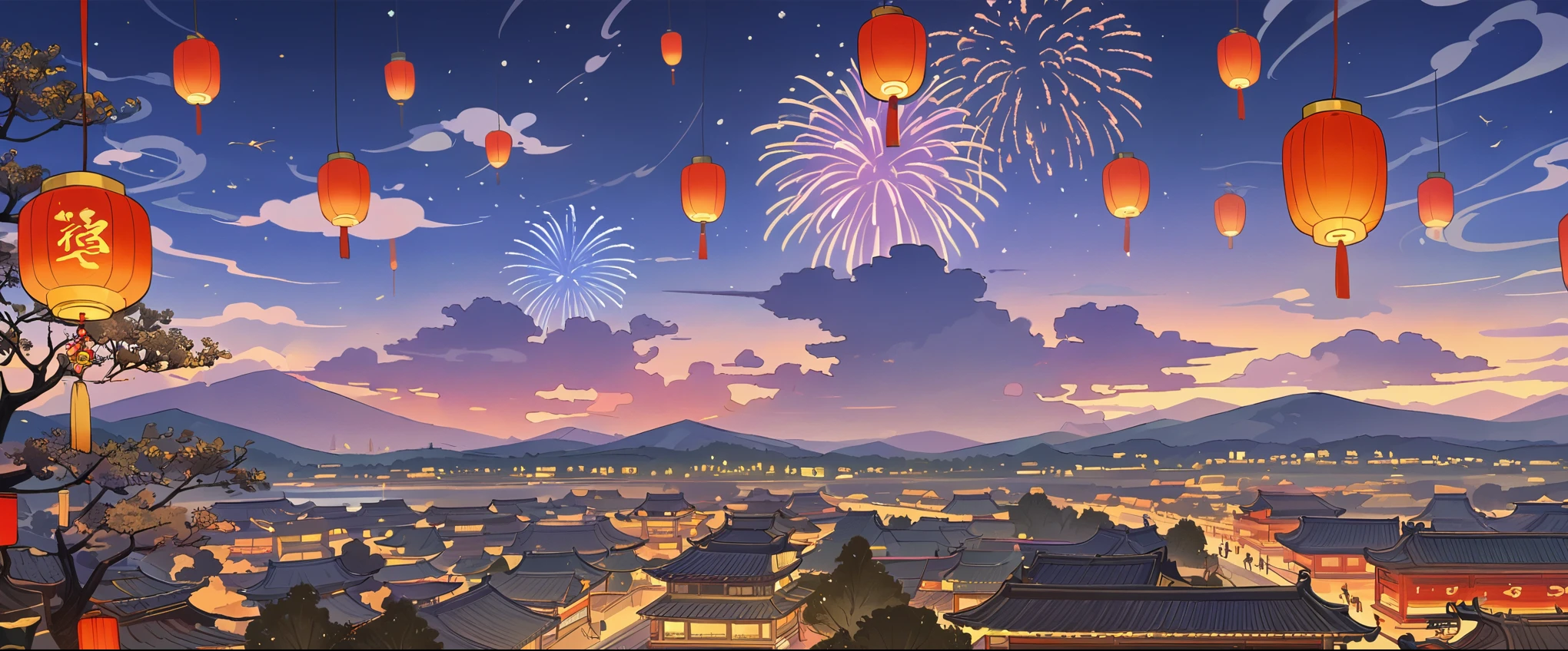 Chinese style， red background ，Depth of Field，Vision，Scene Graph，far away，Vision，Tree，Auspicious Clouds，Cirrus ，Original painting style， has no buildings，Distant Mountains，Clarity，HD， holiday atmosphere，Spring Festival，far away的灯笼和孔明灯，night，Season ，Sense of atmosphere，Ink，Ink，Horizontal screen，Thin and light，clean， blue purple sky ，fireworks，Big scene，The Great Tang Dynasty、阖家joy， no one，On the side of the angle ，bustling，, I only see the roof ，street，ground，far away的小孔明灯，松Tree，joy，Mountains and Rivers，red environment