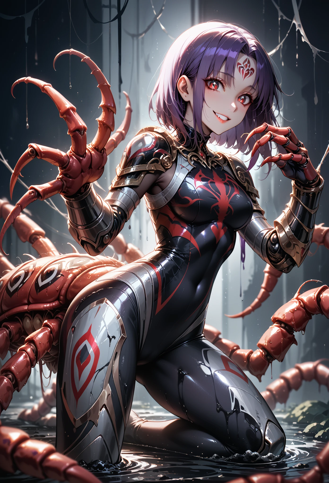 (Girl fused with a centipede). Succubus style. Insect paws. It is based on the motif of a centipede. Metallic. Light armor. Red and purple hair. Two-tone hair. Shoulder. Medium hair. High legs. Body tights. Sharp claws. Spider eyes on the forehead. Large tail. Centipede tail. Black Paint Hands. Yandere Smile.
