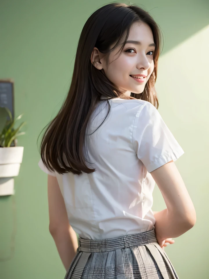 masutepiece, Best Quality, 超A high resolution,(photographrealistic:1.4) (depth of fields),(Lens Glow) , White T-shirt under jacket:1.5、Inside the office:1.5、a Pretty Japanese woman:1.5、officeworker、smil、JINS:1.3、nice butt