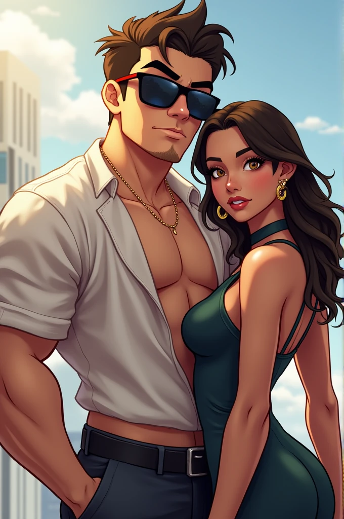 , topless male,he has brown tanned skin, which everyone thinks is very sexy, he has perfect handsome chiseled face with gorgeous deep blue eyes,he is walking in a street in a sunny bday, showing off his sexy abs, he has shaved his body hair and shaved pubic hair, he is also wearing a low waist white shorts.he is smiling flirting, he is holding hands with girl,full red lips who is epitome of beauty,she has deep green eyes in which you  can  get lost in,she is wearing a blue bikiin which is revealingly sexy but classy at the same time, her toned smooth body is sexy,she is wearing a choker