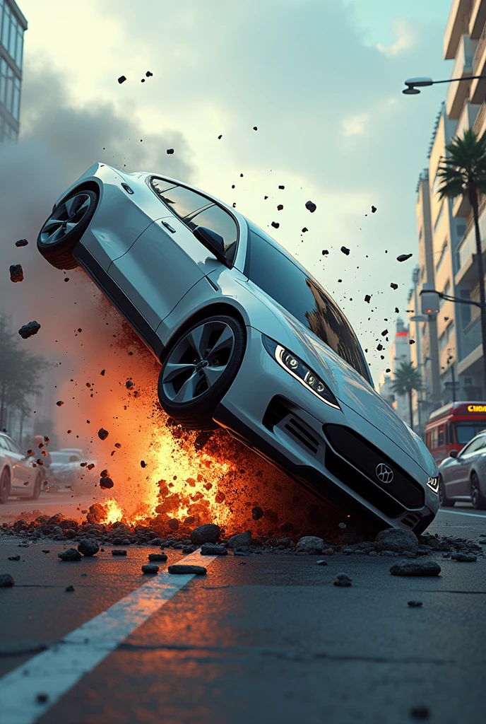 (Best quality, 8k, 32k, Masterpiece, UHD:1.2),bomb explosion in city with car --auto --s2