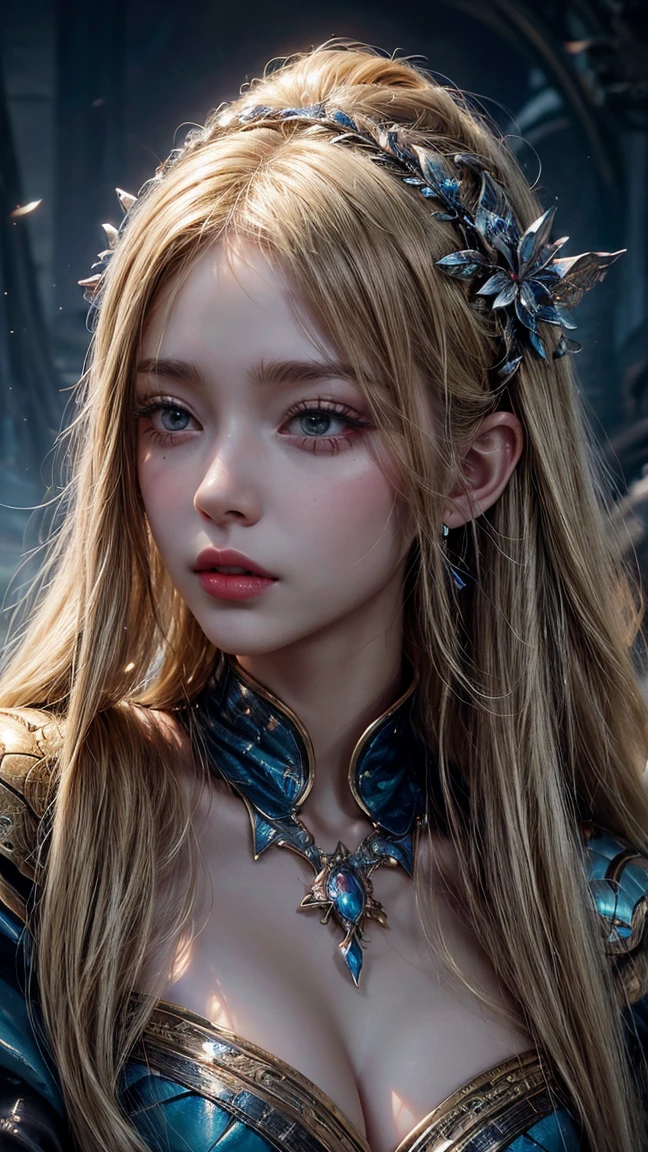 (masterpiece: 1.2, portrait, best quality), realistic, (real picture, complex details, depth of field), best quality, masterpiece, high detail, semi-realistic, 1 girl, shy, 21 years old, short blonde hair, left hairy eyes, Blue eyes, royal clothes, red cape, slim figure