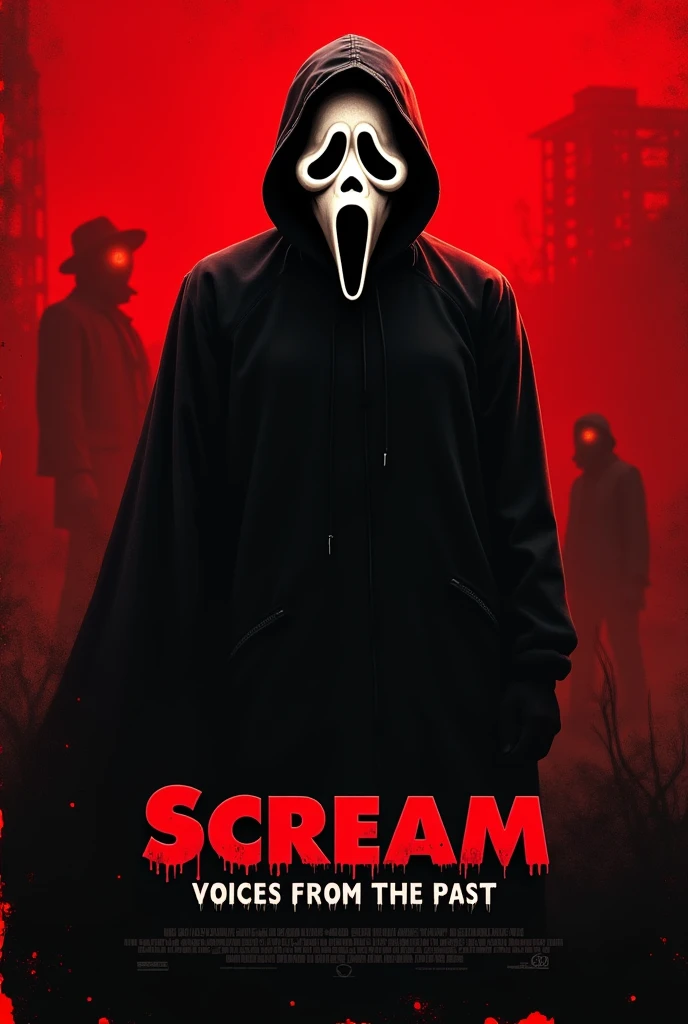 make an image in a dark forest with a man with a gostface mask and a mysterious hand holding a knife written killerzinho with blood put the writing in Portuguese