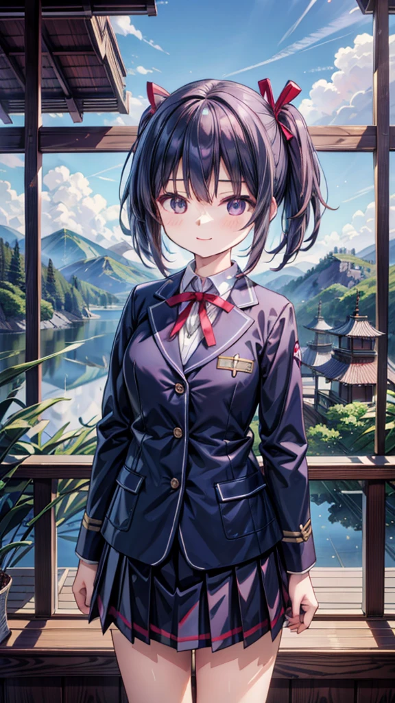 (masterpiece, best quality, clear focus, dramatic scene, shadow), (ultra-high resolution, 8k:1.3), (perfect anatomy), perfect face, (detailed face, detailed eyes), solo, 1 teenage japanese woman, very beautiful and very cute face, (She is wearing a Japanese high school cute uniform, raffled shirt, dark navy blazer and skirt, red ribbon), she is standing at the observatory, amazing view of the mountains with lake, smile