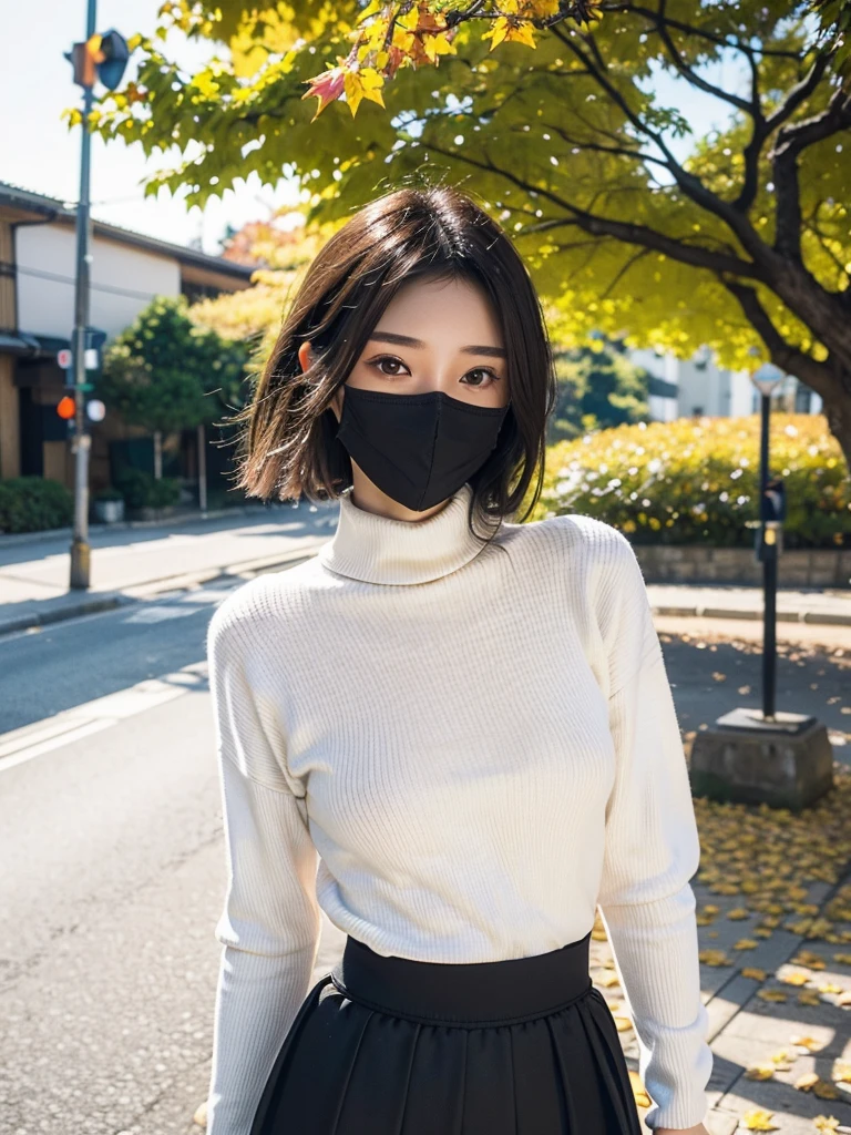 (((masterpiece, best quality,ultra-detailed,8k,high resolution))), (upper body),24 years old ,Japanese girl, 1girl, short hair, (((turtleneck sweater))),(Cover face with a turtleneck sweater:1.7),grabbing turtleneck collar