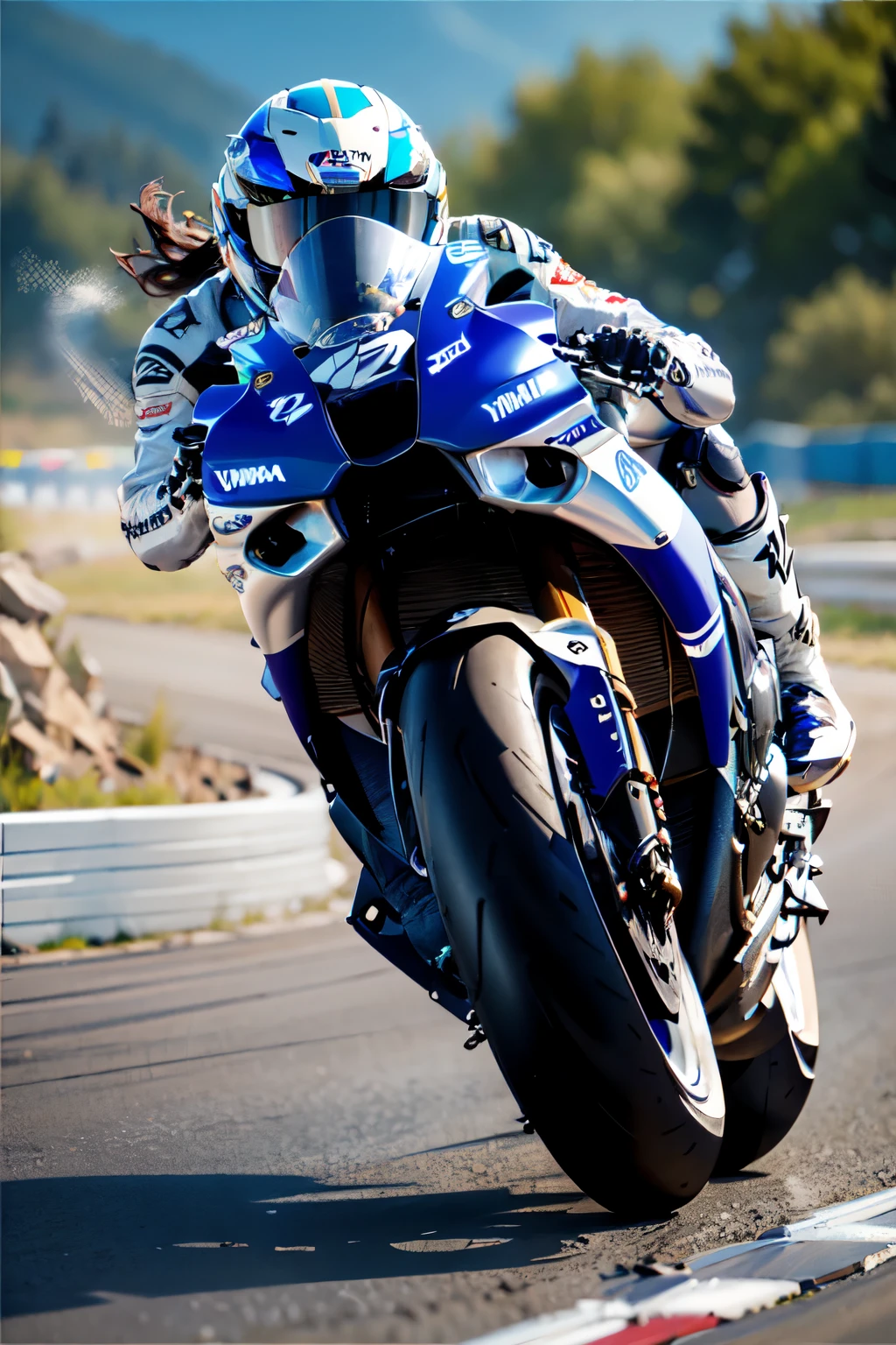 Yamaha YZF R1M, The Racer Girl, anatomically correct, best quality, Ultra Wide Angle, small breasts, abs, Celebrity sunburn, Brown Skin, wearing Alpine Star racing boots, anatomically correct, 